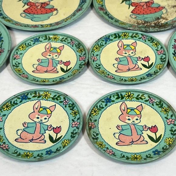 Vintage J. Chein Bunny Rabbit 1 Serving Platter, 8 Plates and 2 Cups Litho Tin - Picture 3 of 9